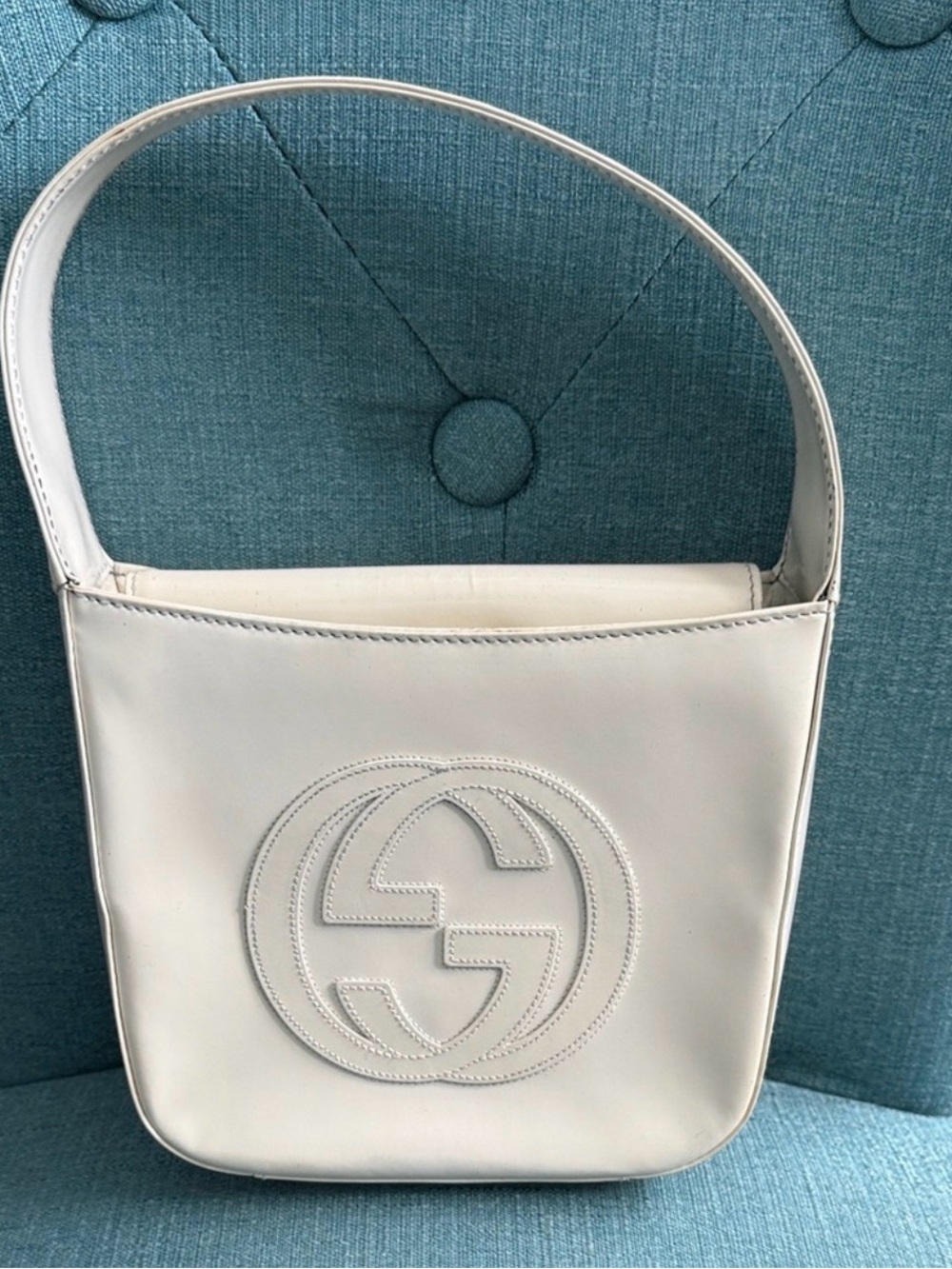 White Leather Shoulder Bag with Embossed Logo